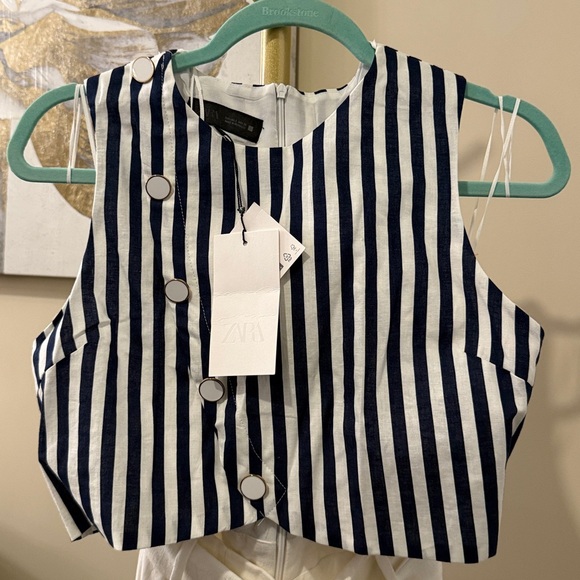 NWT Zara | Belted Linen Dress Waist Cut-out Navy Ivory Nautical coastal vibe - Picture 13 of 16